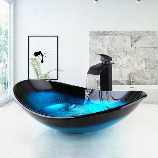 Blue and Black Tempered Glass Basin and Mixer Tap Faucet Set - Homevalley.co.uk