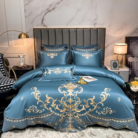 Blue Luxury Glossy Cotton Bedding Set with Royal Gold Embroidery , 400TC - Homevalley.co.uk