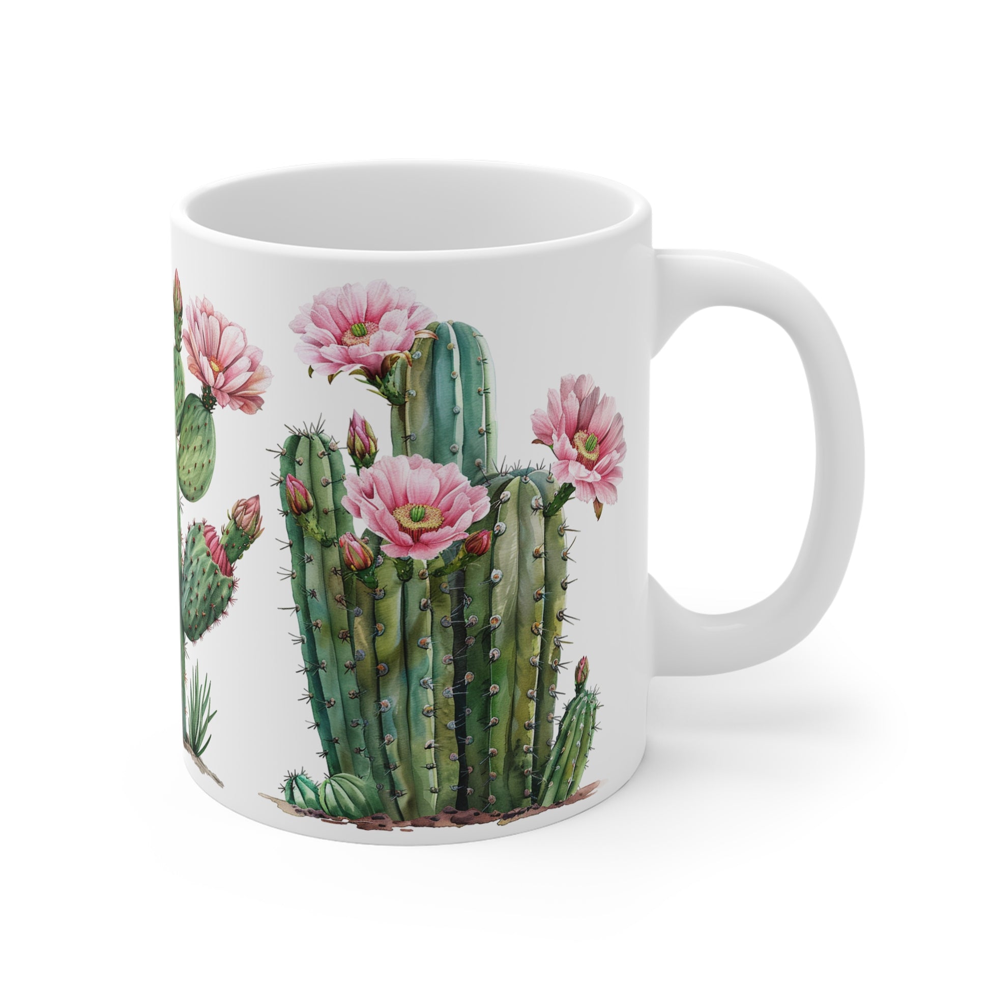 Cactus with Pink Flowers White Coffee Mug, Cactus Coffee Cup, Cactus Tea Cup, Gift for Her, Birthday Gift, 11oz - Homevalley.co.uk