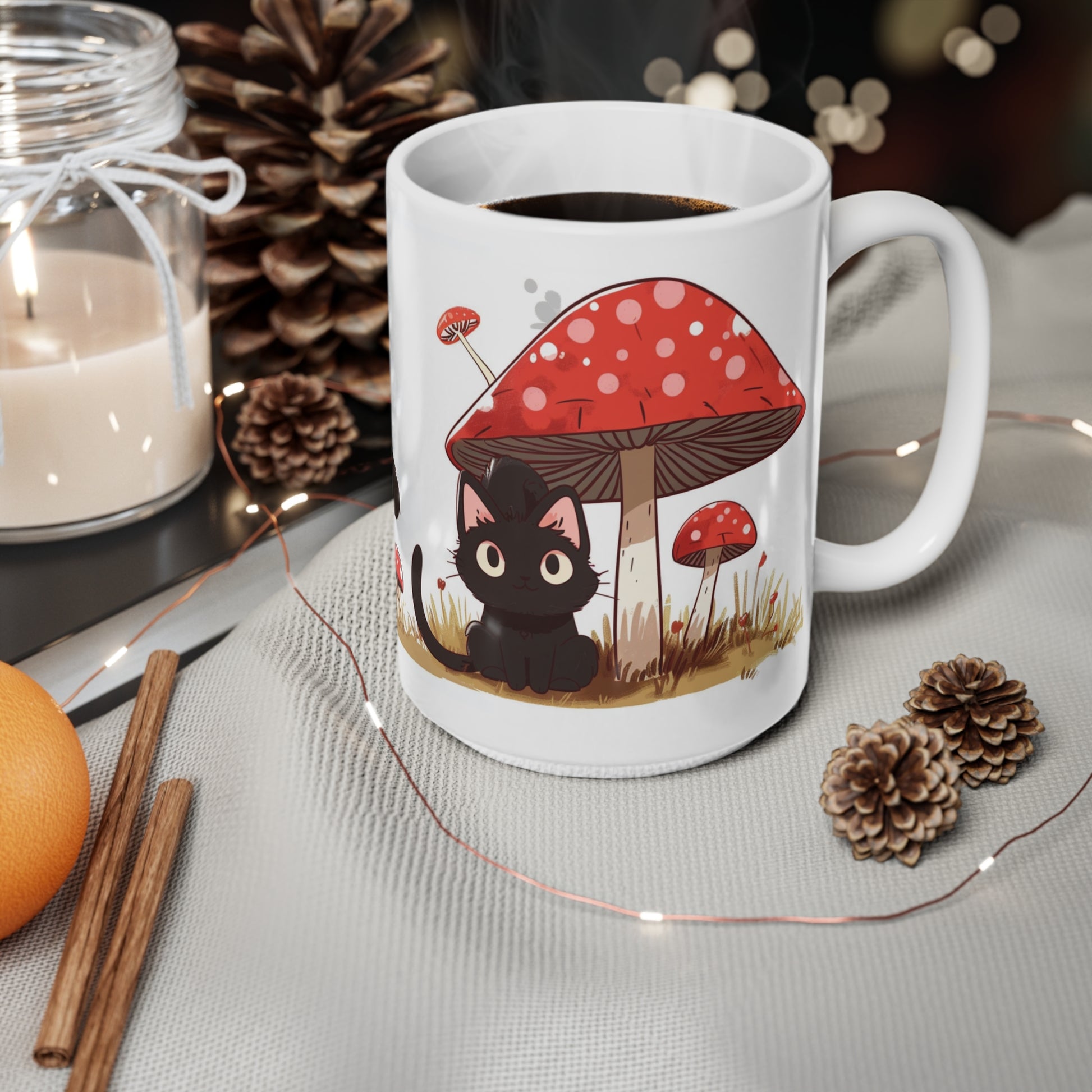 Cute Black Cat and a Mushroom Coffee Mug, Best Funny Mug, Gift For Friends | Cute Birthday Coffee Mug |Ceramic Coffee Cups, 11oz,15oz - Homevalley.co.uk