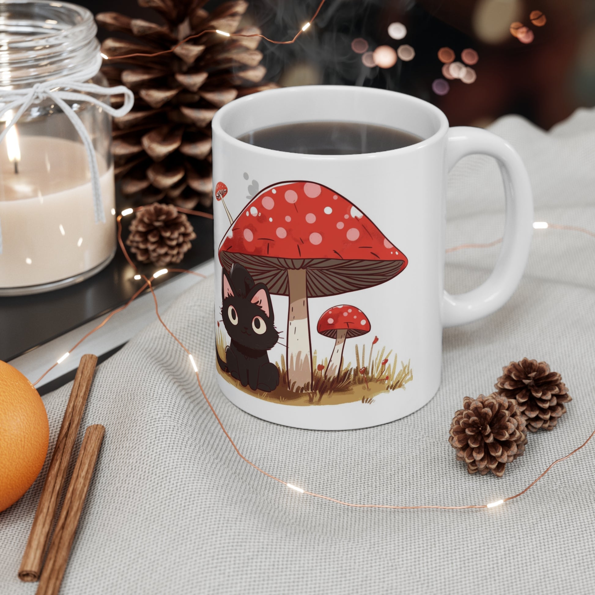 Cute Black Cat and a Mushroom Coffee Mug, Best Funny Mug, Gift For Friends | Cute Birthday Coffee Mug |Ceramic Coffee Cups, 11oz,15oz - Homevalley.co.uk