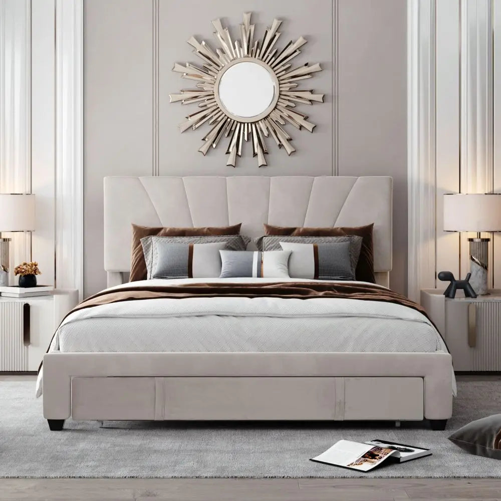 Double size Bed with Slatted Frame, Backrest and Large Drawer in Beige - Homevalley.co.uk