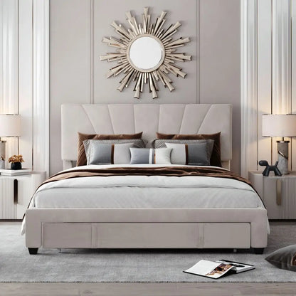 Double size Bed with Slatted Frame, Backrest and Large Drawer in Beige - Homevalley.co.uk