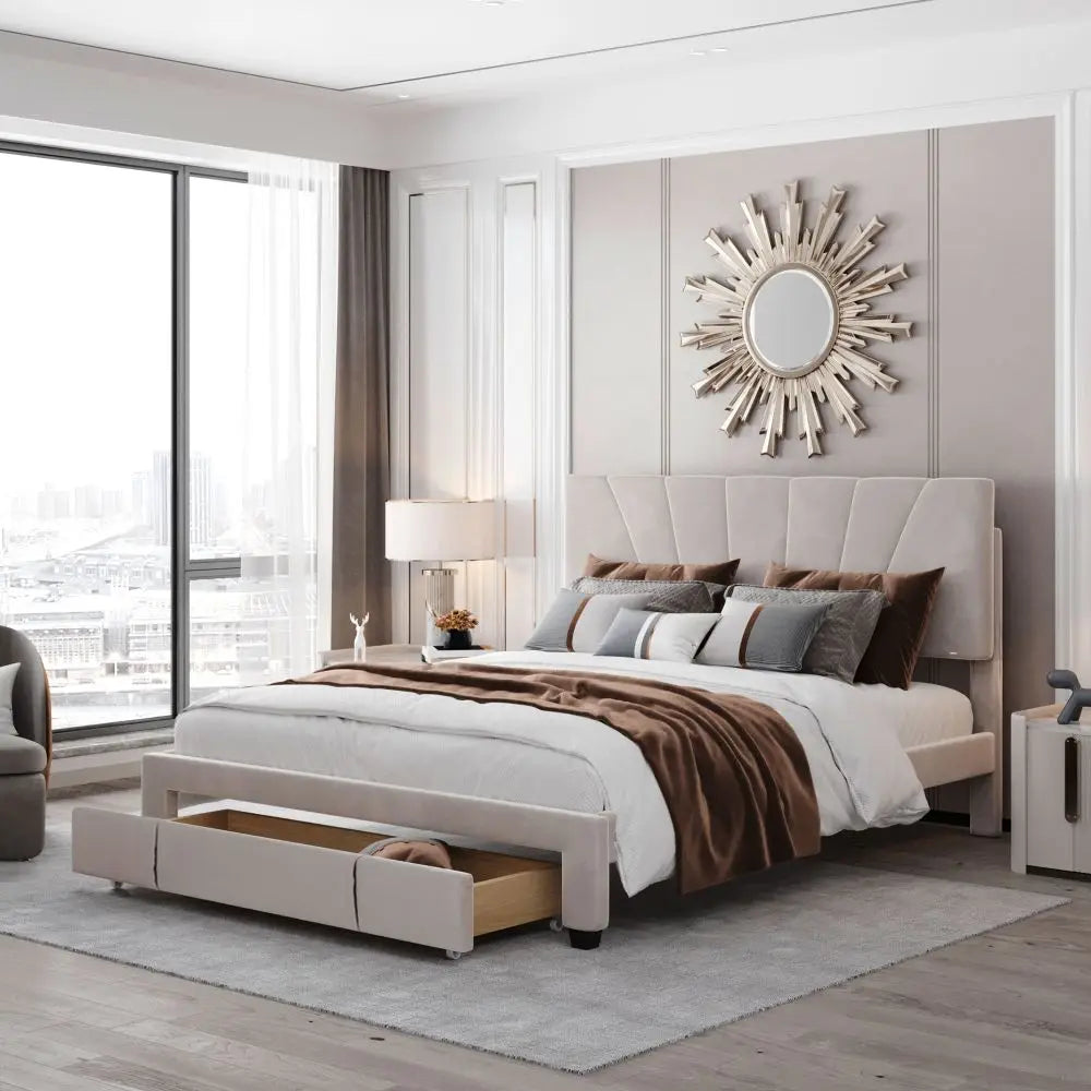 Double size Bed with Slatted Frame, Backrest and Large Drawer in Beige - Homevalley.co.uk