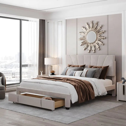 Double size Bed with Slatted Frame, Backrest and Large Drawer in Beige - Homevalley.co.uk