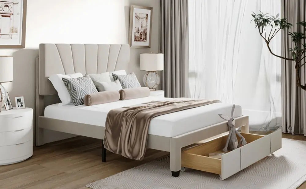 Double size Bed with Slatted Frame, Backrest and Large Drawer in Beige - Homevalley.co.uk