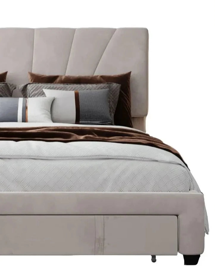 Double size Bed with Slatted Frame, Backrest and Large Drawer in Beige - Homevalley.co.uk