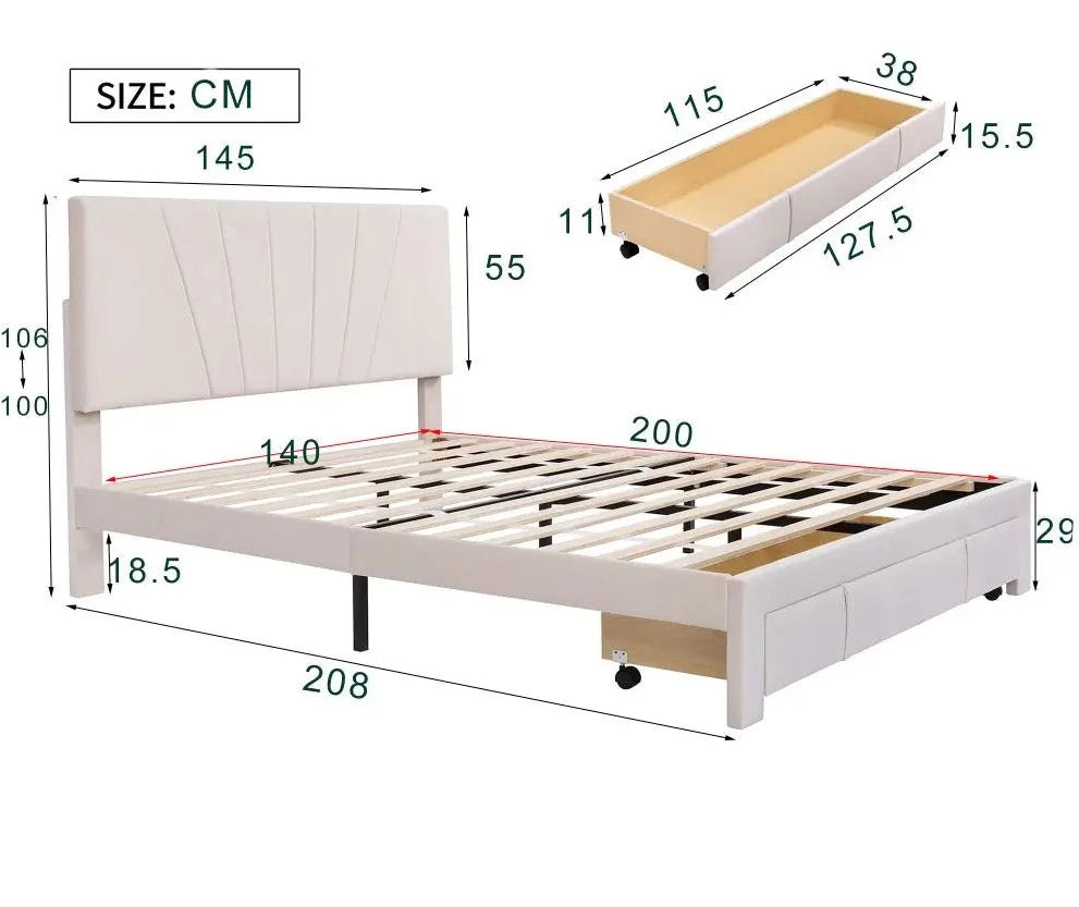 Double size Bed with Slatted Frame, Backrest and Large Drawer in Beige - Homevalley.co.uk