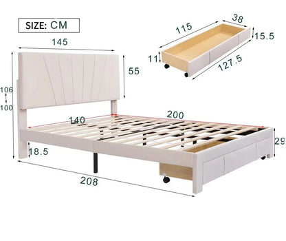Double size Bed with Slatted Frame, Backrest and Large Drawer in Beige - Homevalley.co.uk