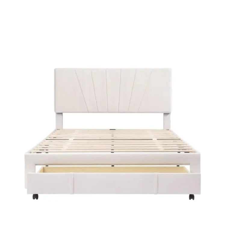 Double size Bed with Slatted Frame, Backrest and Large Drawer in Beige - Homevalley.co.uk