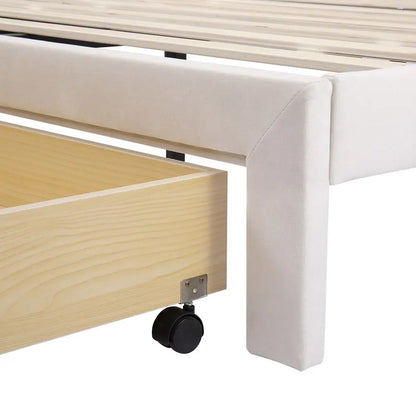 Double size Bed with Slatted Frame, Backrest and Large Drawer in Beige - Homevalley.co.uk