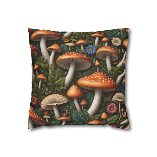 Enchanting Mushroom Square Cushion Cover, Cottagecore Pillowcase, Flowers and Mushroom, Vintage Mushroom Pillowcase - Homevalley.co.uk