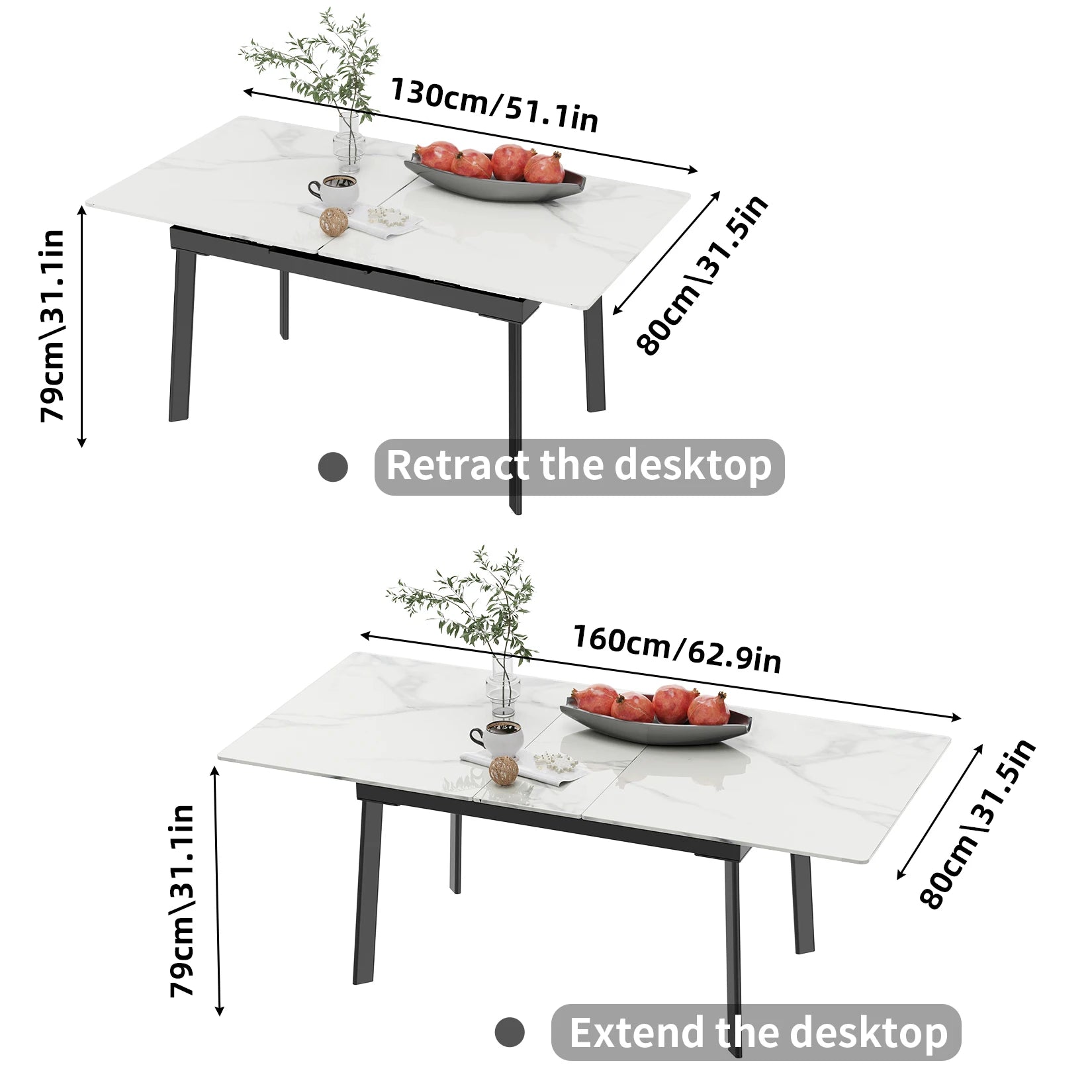 Extendable Rectangular Sintered Stone Marble Dining Table - Homevalley.co.uk