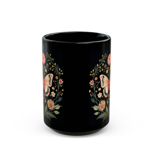 Flowers and Butterflies Black Coffee Mug, Floral Design Tea Cup, Gift for Her, Gift for Friend, Gift Idea, (11oz, 15oz) - Homevalley.co.uk