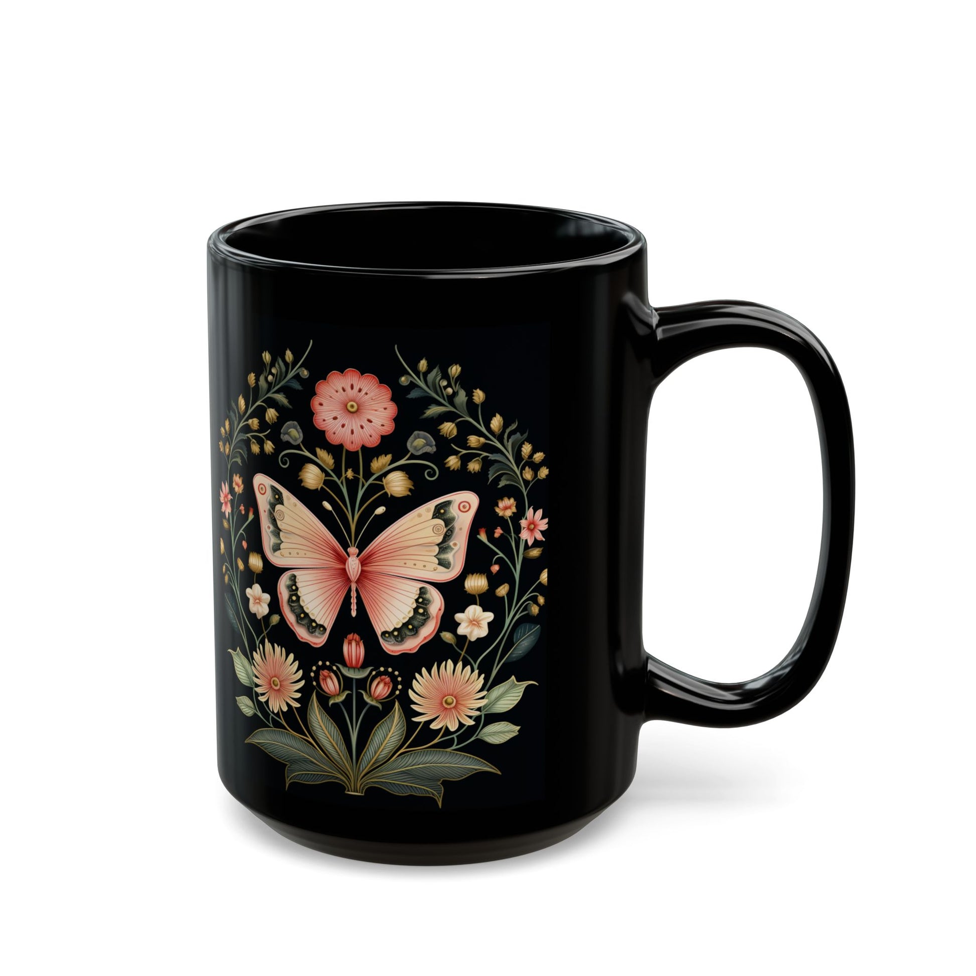 Flowers and Butterflies Black Coffee Mug, Floral Design Tea Cup, Gift for Her, Gift for Friend, Gift Idea, (11oz, 15oz) - Homevalley.co.uk