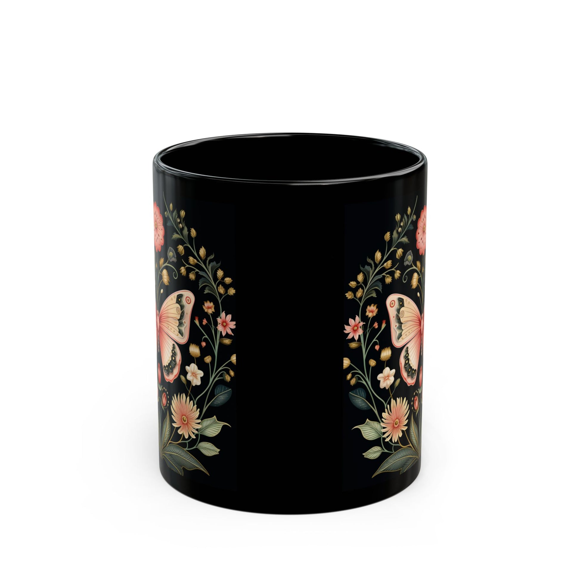 Flowers and Butterflies Black Coffee Mug, Floral Design Tea Cup, Gift for Her, Gift for Friend, Gift Idea, (11oz, 15oz) - Homevalley.co.uk