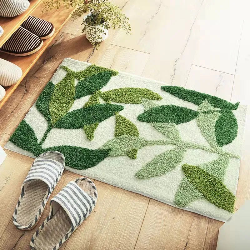 Green Leaves Flocking Bath Mat – Non-Slip, Absorbent Microfibre Bathroom Rug - Homevalley.co.uk