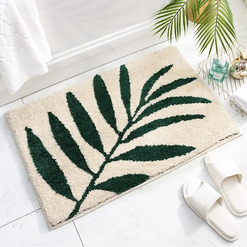 Green Leaves Flocking Bath Mat – Non-Slip, Absorbent Microfibre Bathroom Rug - Homevalley.co.uk