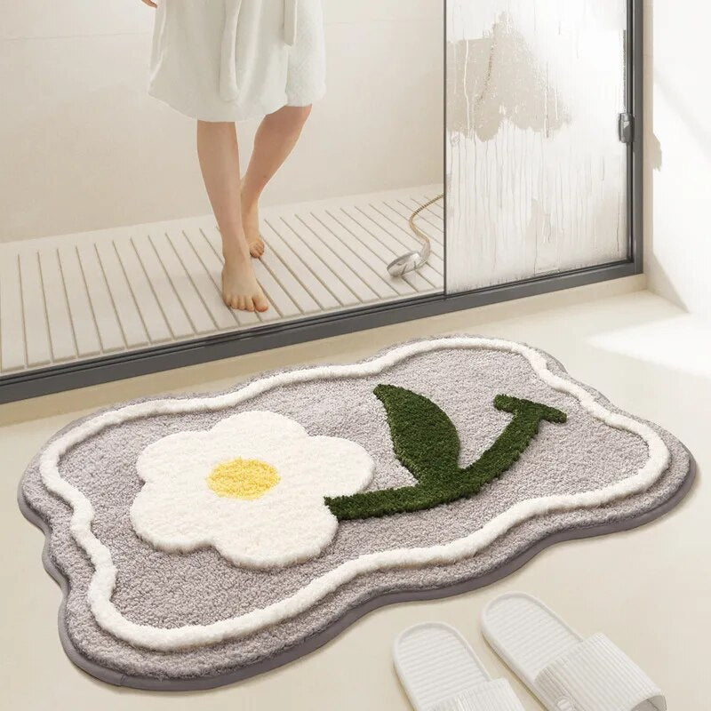 Green Leaves Flocking Bath Mat – Non-Slip, Absorbent Microfibre Bathroom Rug - Homevalley.co.uk