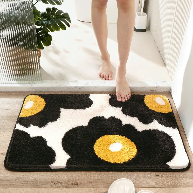 Green Leaves Flocking Bath Mat – Non-Slip, Absorbent Microfibre Bathroom Rug - Homevalley.co.uk