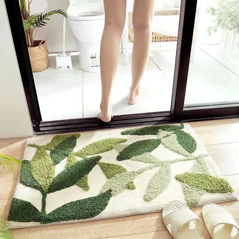 Green Leaves Flocking Bath Mat – Non-Slip, Absorbent Microfibre Bathroom Rug - Homevalley.co.uk