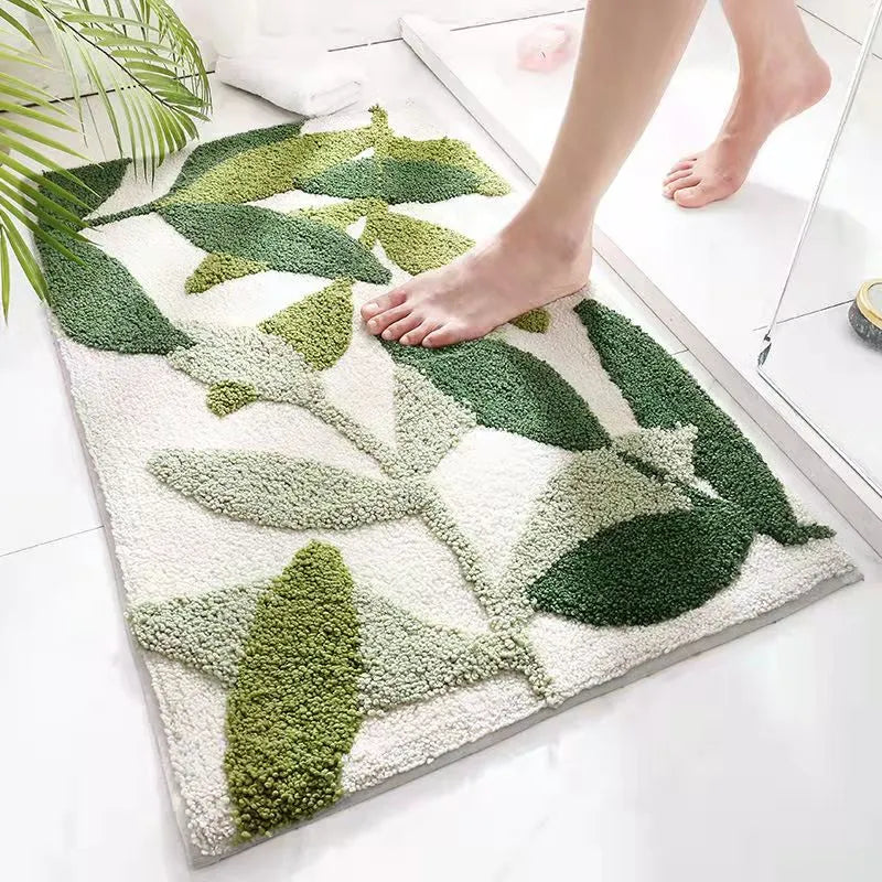 Green Leaves Flocking Bath Mat – Non-Slip, Absorbent Microfibre Bathroom Rug - Homevalley.co.uk