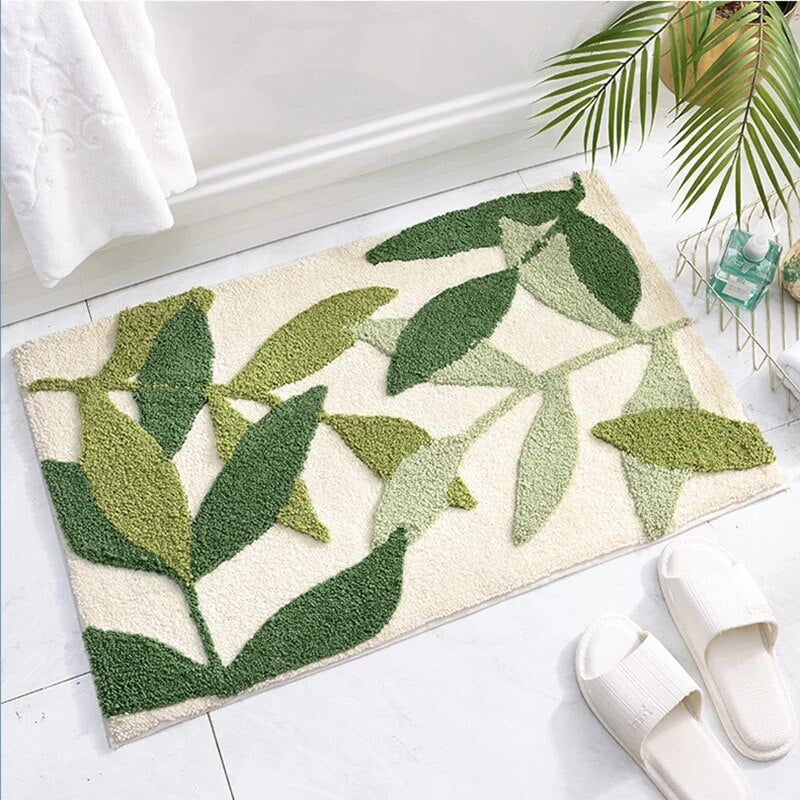 Green Leaves Flocking Bath Mat – Non-Slip, Absorbent Microfibre Bathroom Rug - Homevalley.co.uk