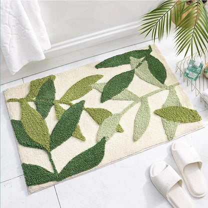 Green Leaves Flocking Bath Mat – Non-Slip, Absorbent Microfibre Bathroom Rug - Homevalley.co.uk