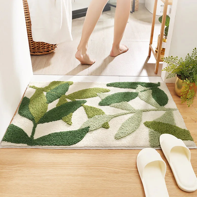 Green Leaves Flocking Bath Mat – Non-Slip, Absorbent Microfibre Bathroom Rug - Homevalley.co.uk