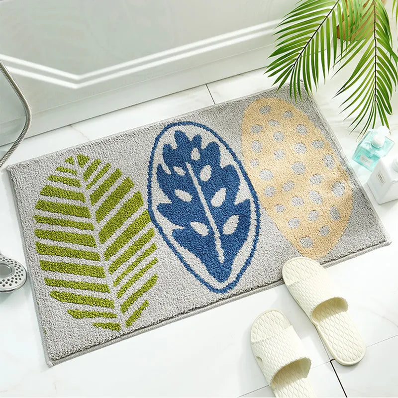 Green Leaves Flocking Bath Mat – Non-Slip, Absorbent Microfibre Bathroom Rug - Homevalley.co.uk