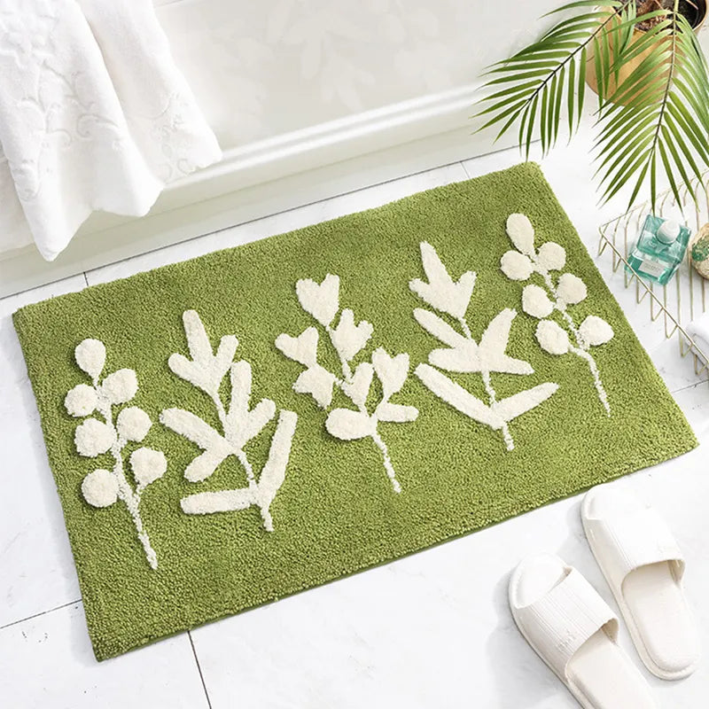 Green Leaves Flocking Bath Mat – Non-Slip, Absorbent Microfibre Bathroom Rug - Homevalley.co.uk
