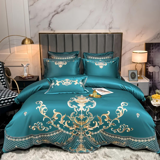 Green Luxury Royal Gold Embroidery Glossy Cotton Bedding Set, 400TC - Homevalley.co.uk