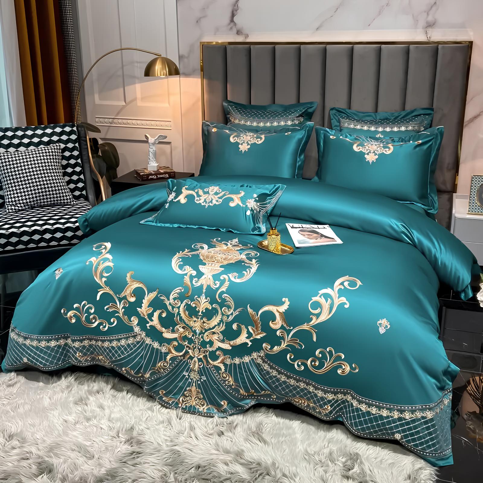 Green Luxury Royal Gold Embroidery Glossy Cotton Bedding Set, 400TC - Homevalley.co.uk