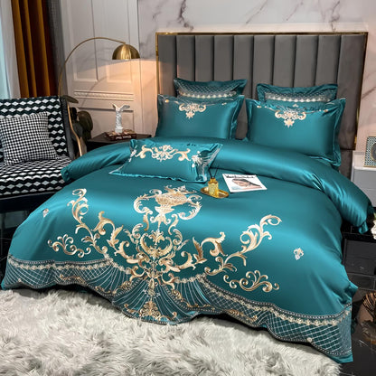 Green Luxury Royal Gold Embroidery Glossy Cotton Bedding Set, 400TC - Homevalley.co.uk