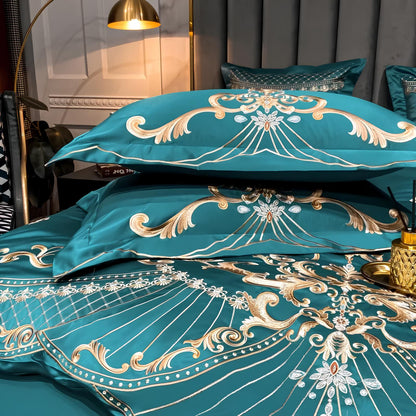 Green Luxury Royal Gold Embroidery Glossy Cotton Bedding Set, 400TC - Homevalley.co.uk