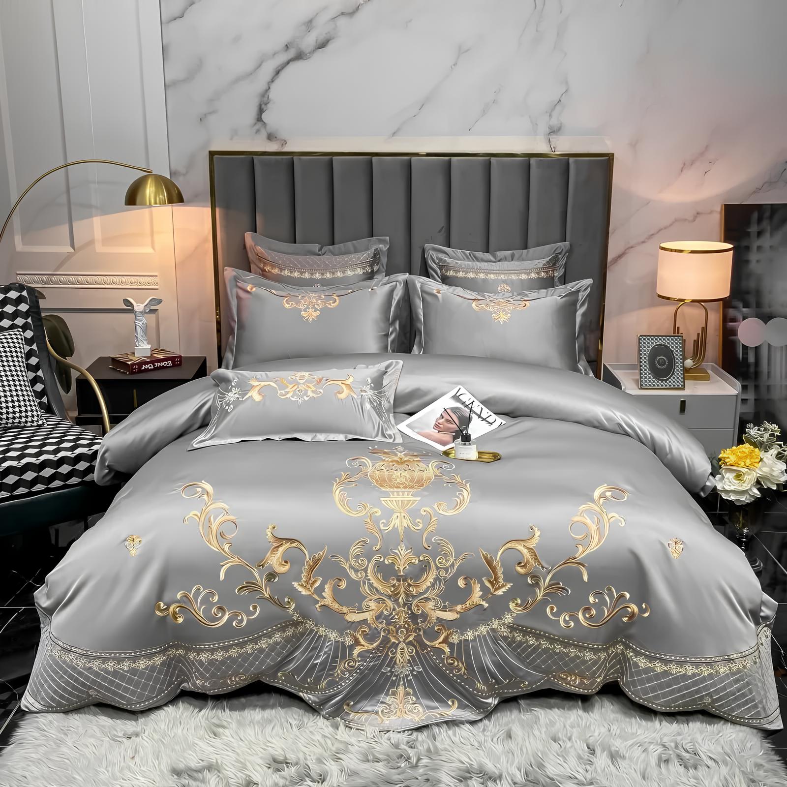 Grey Luxury Glossy Cotton Bedding Set with Royal Gold Embroidery , 400TC - Homevalley.co.uk