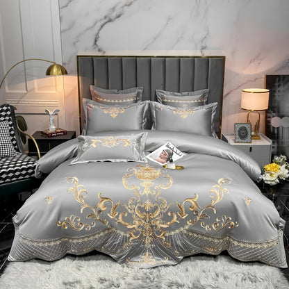 Grey Luxury Glossy Cotton Bedding Set with Royal Gold Embroidery , 400TC - Homevalley.co.uk