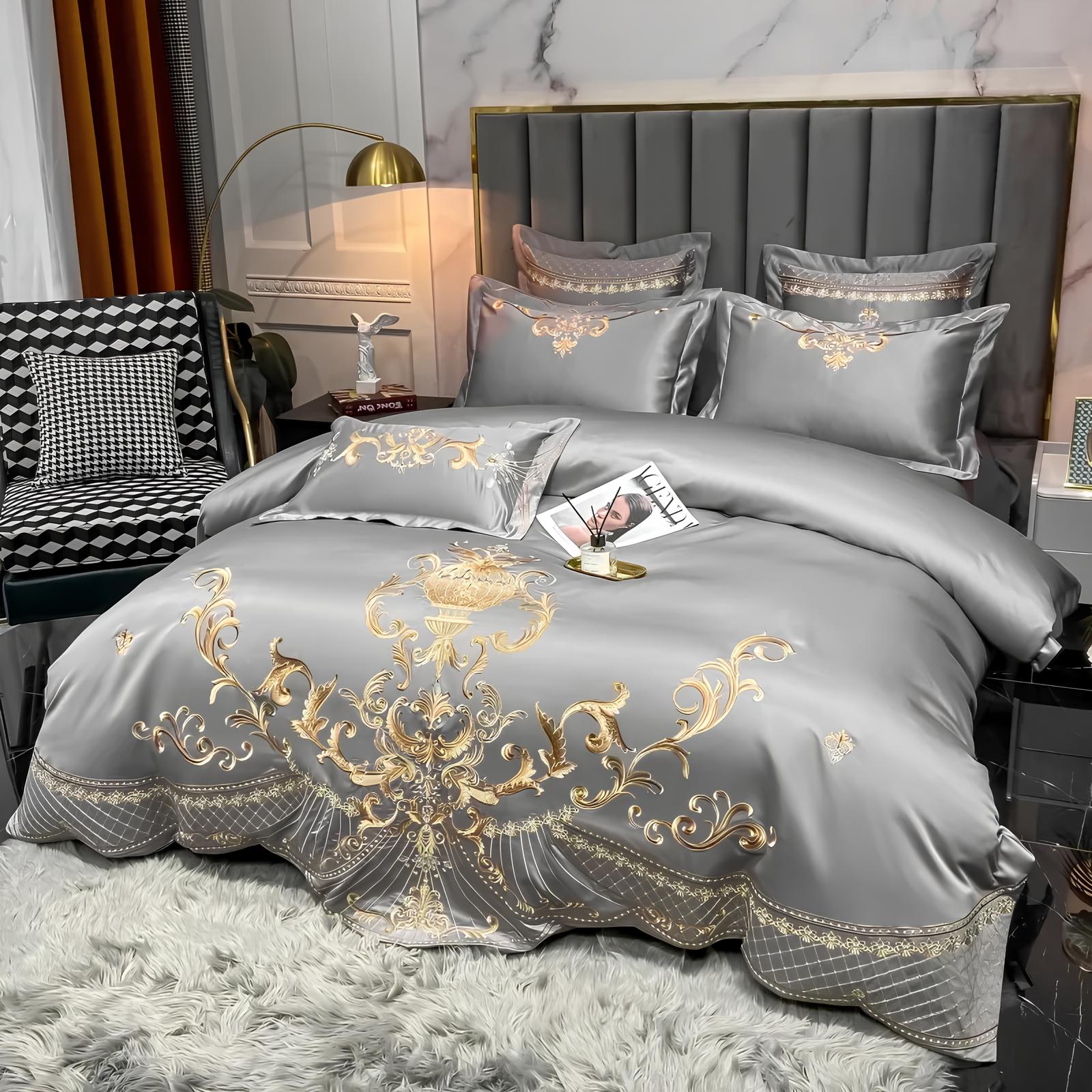 Grey Luxury Glossy Cotton Bedding Set with Royal Gold Embroidery , 400TC - Homevalley.co.uk