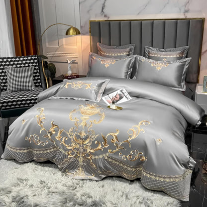 Grey Luxury Glossy Cotton Bedding Set with Royal Gold Embroidery , 400TC - Homevalley.co.uk