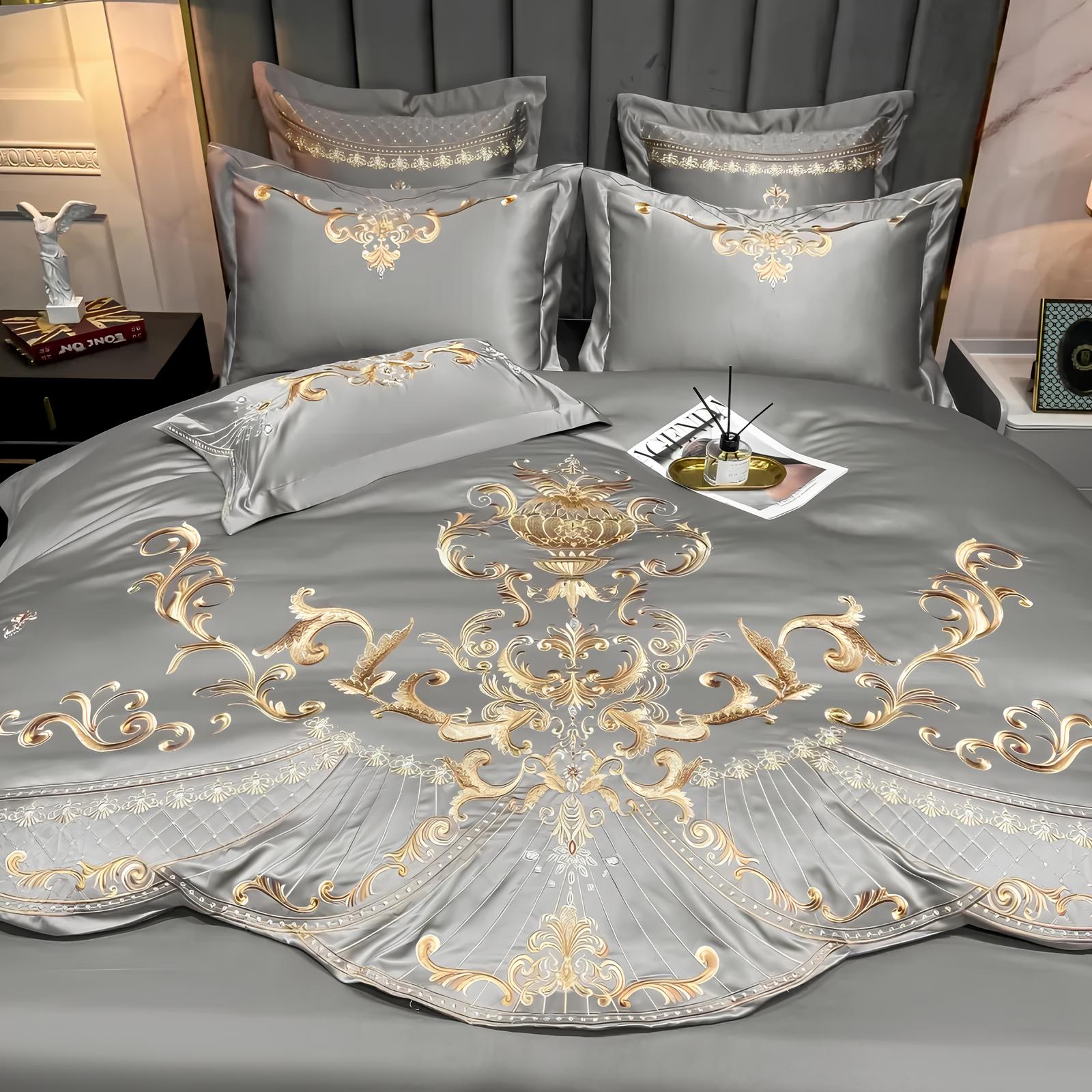 Grey Luxury Glossy Cotton Bedding Set with Royal Gold Embroidery , 400TC - Homevalley.co.uk