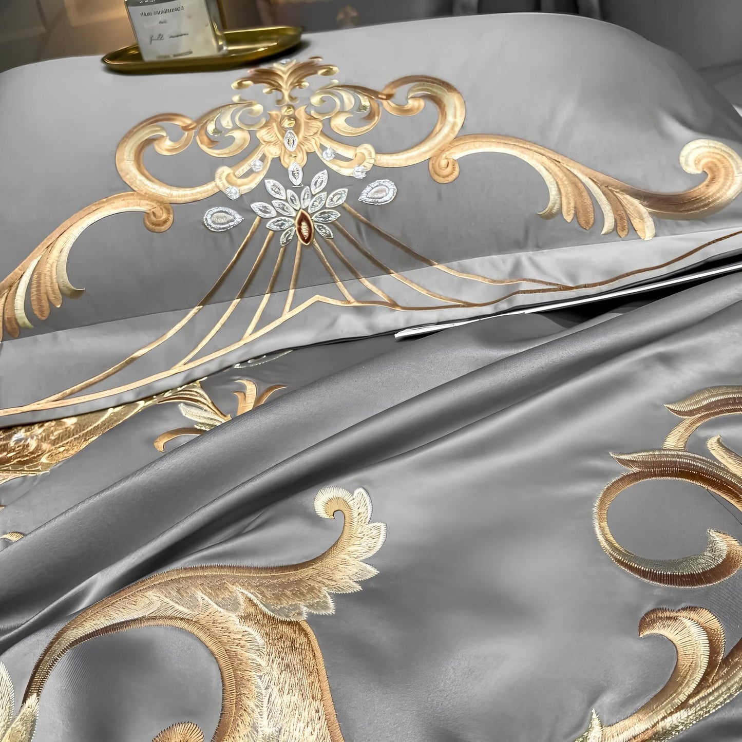 Grey Luxury Glossy Cotton Bedding Set with Royal Gold Embroidery , 400TC - Homevalley.co.uk