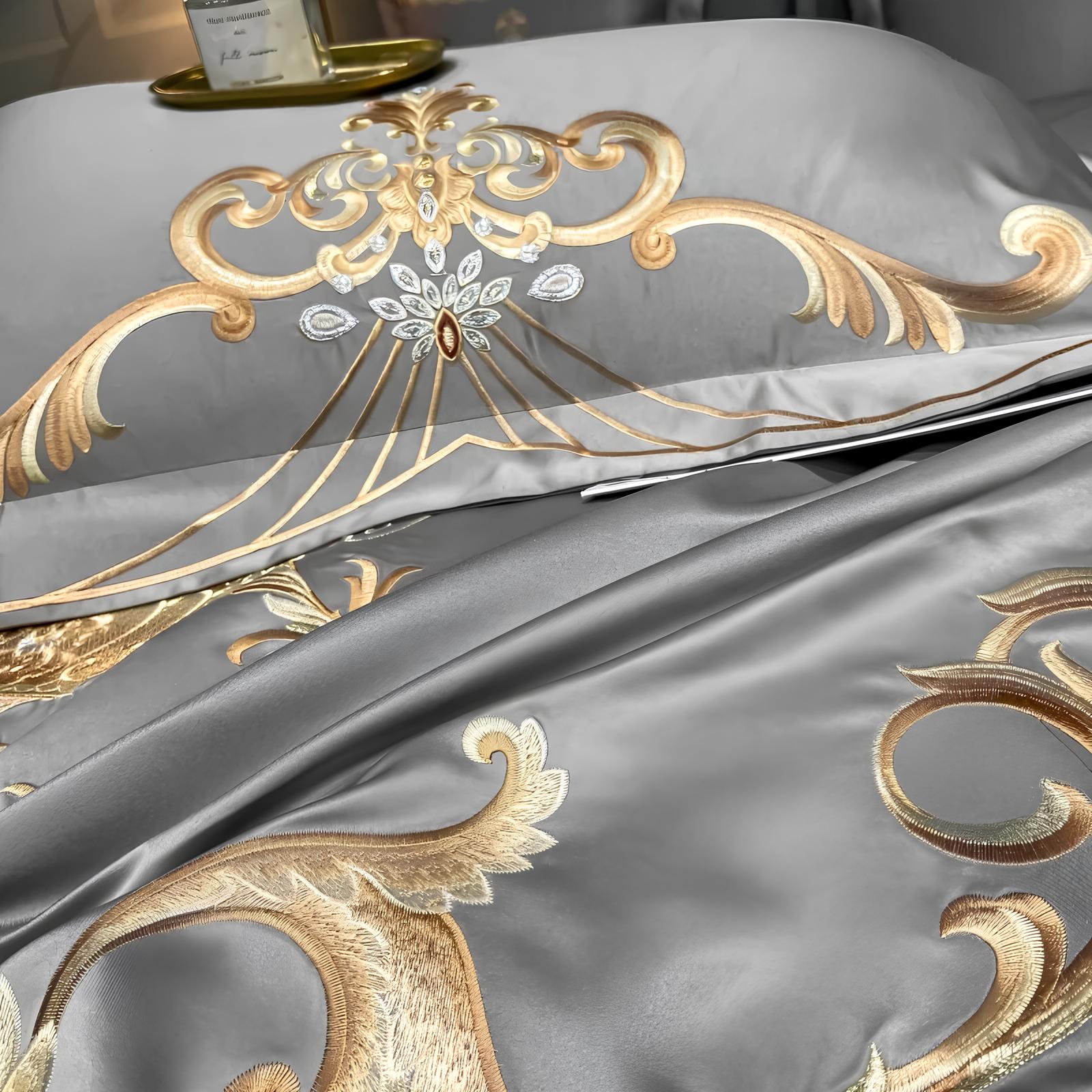 Grey Luxury Glossy Cotton Bedding Set with Royal Gold Embroidery , 400TC - Homevalley.co.uk
