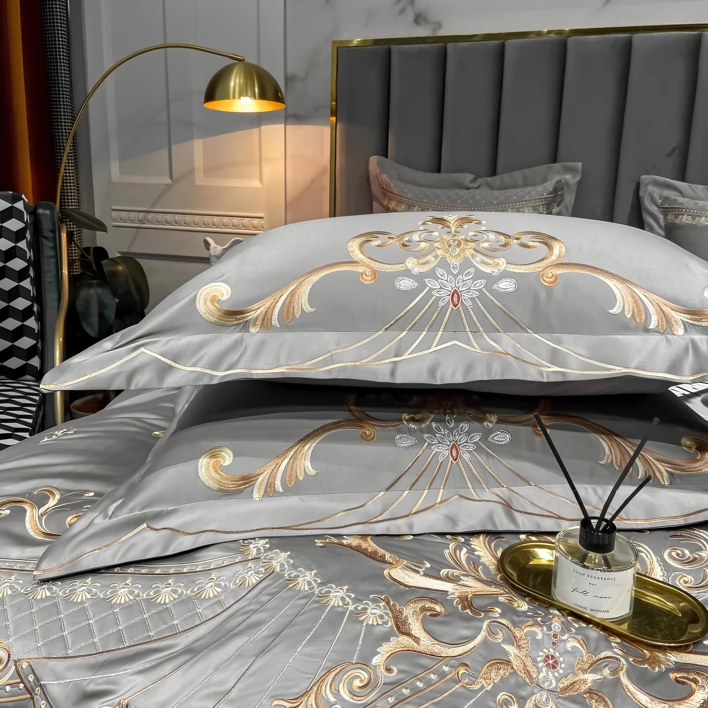 Grey Luxury Glossy Cotton Bedding Set with Royal Gold Embroidery , 400TC - Homevalley.co.uk