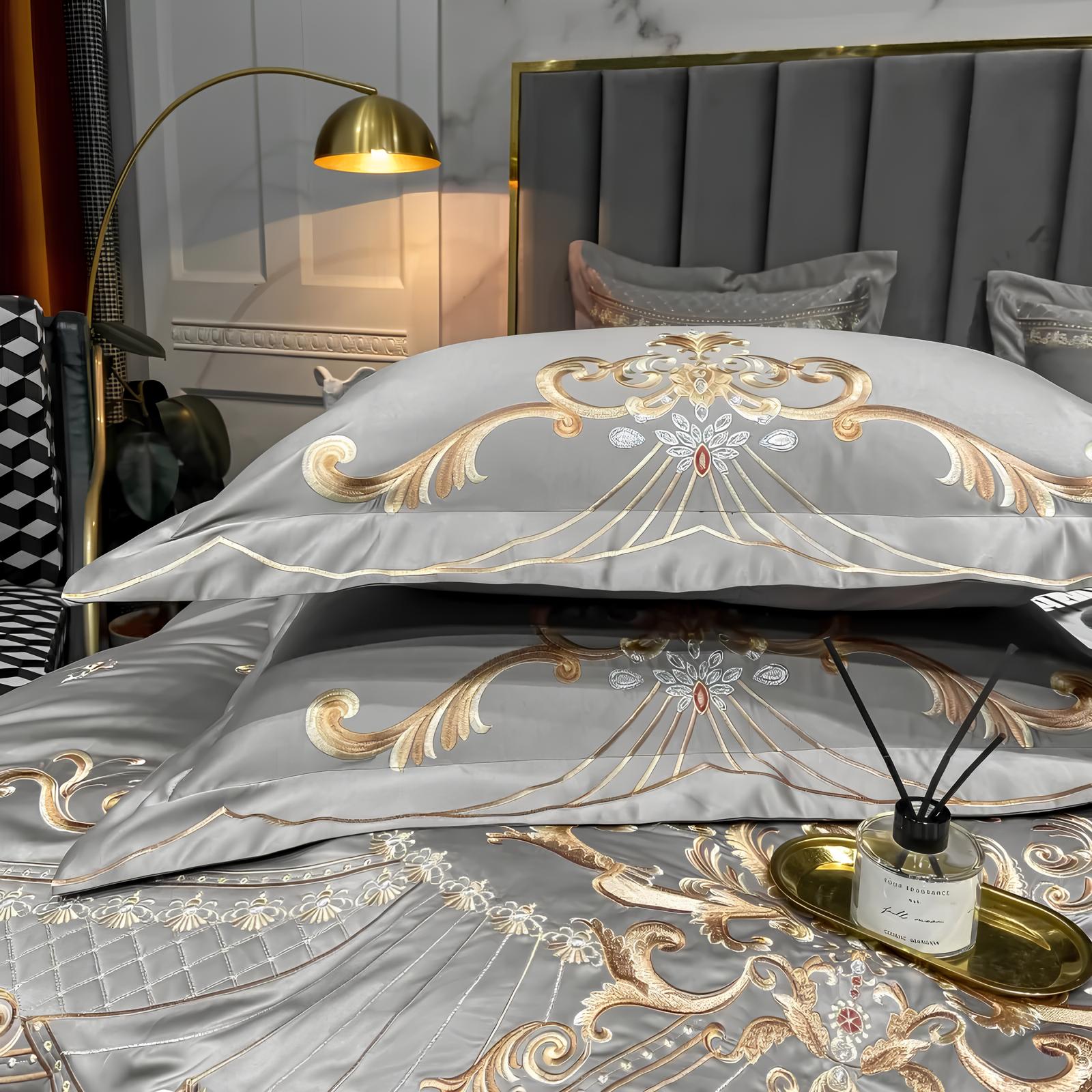 Grey Luxury Glossy Cotton Bedding Set with Royal Gold Embroidery , 400TC - Homevalley.co.uk