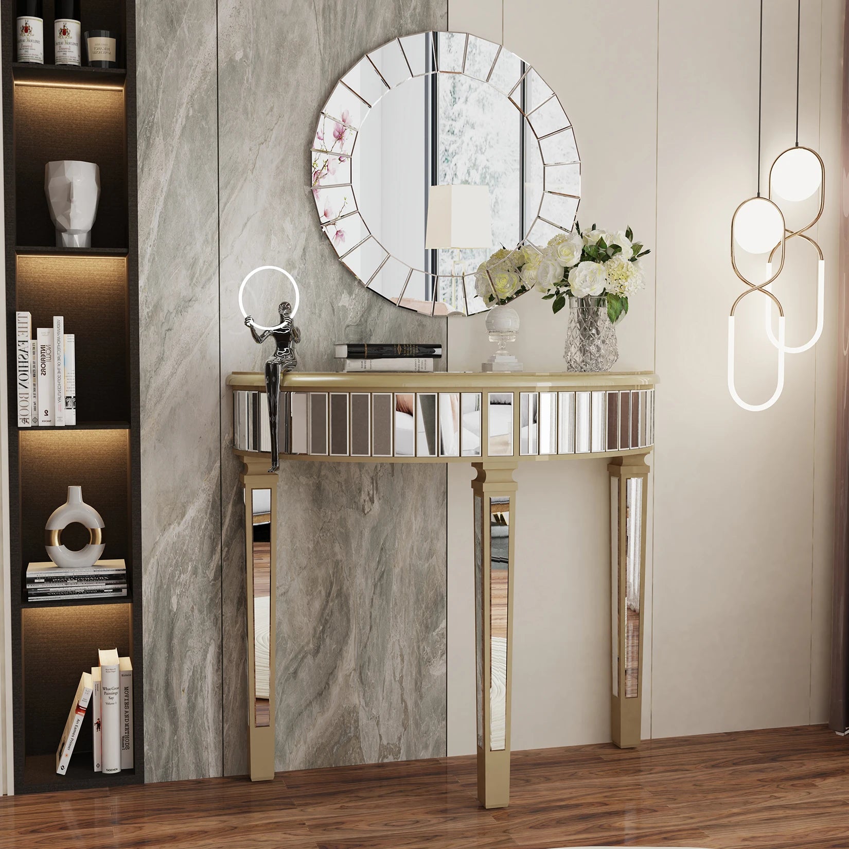 Half Moon Silver Mirrored Console Entryway Console Table - Homevalley.co.uk