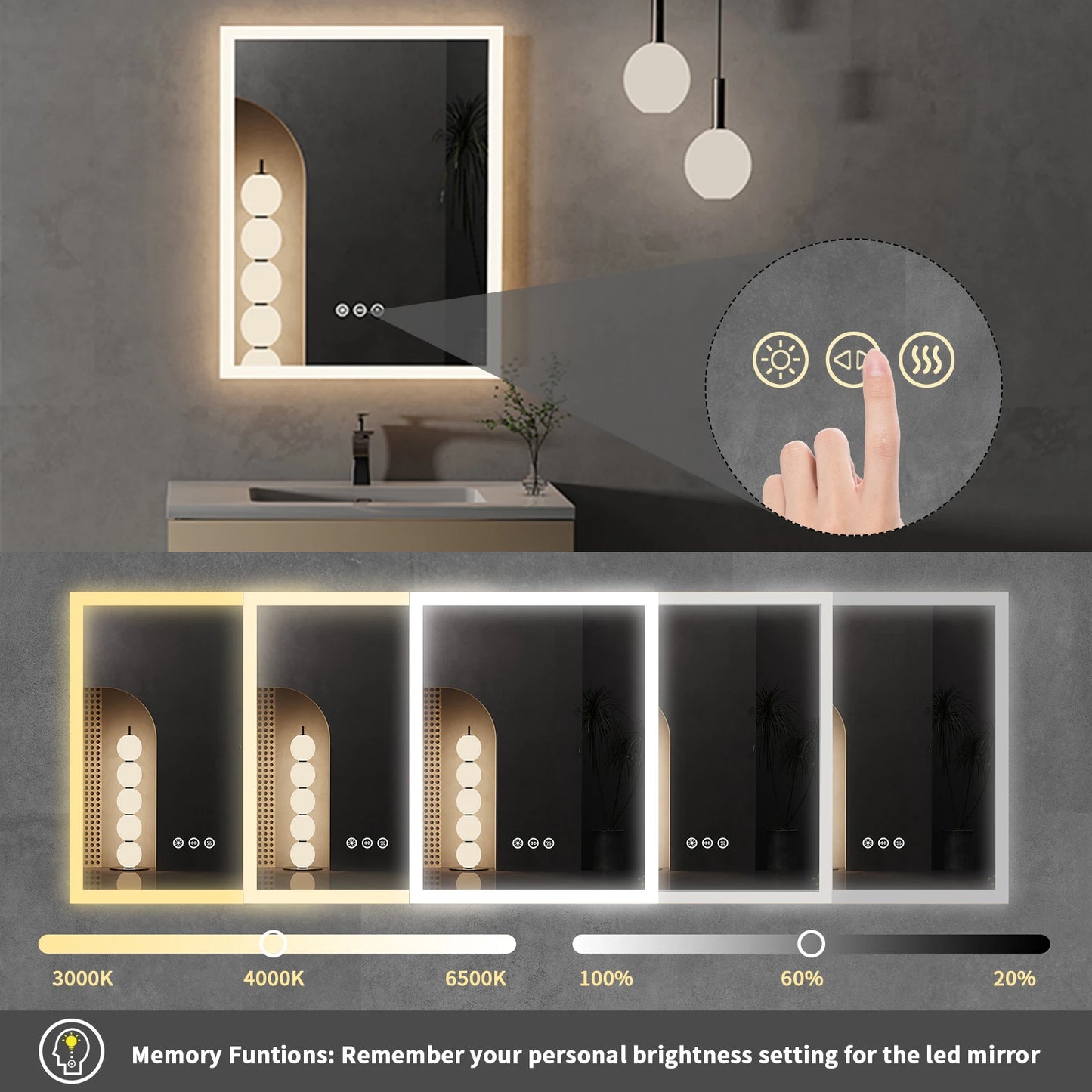LED Bathroom Mirror with Anti-Fog, Smart Touch Button, Memory Function - Homevalley.co.uk