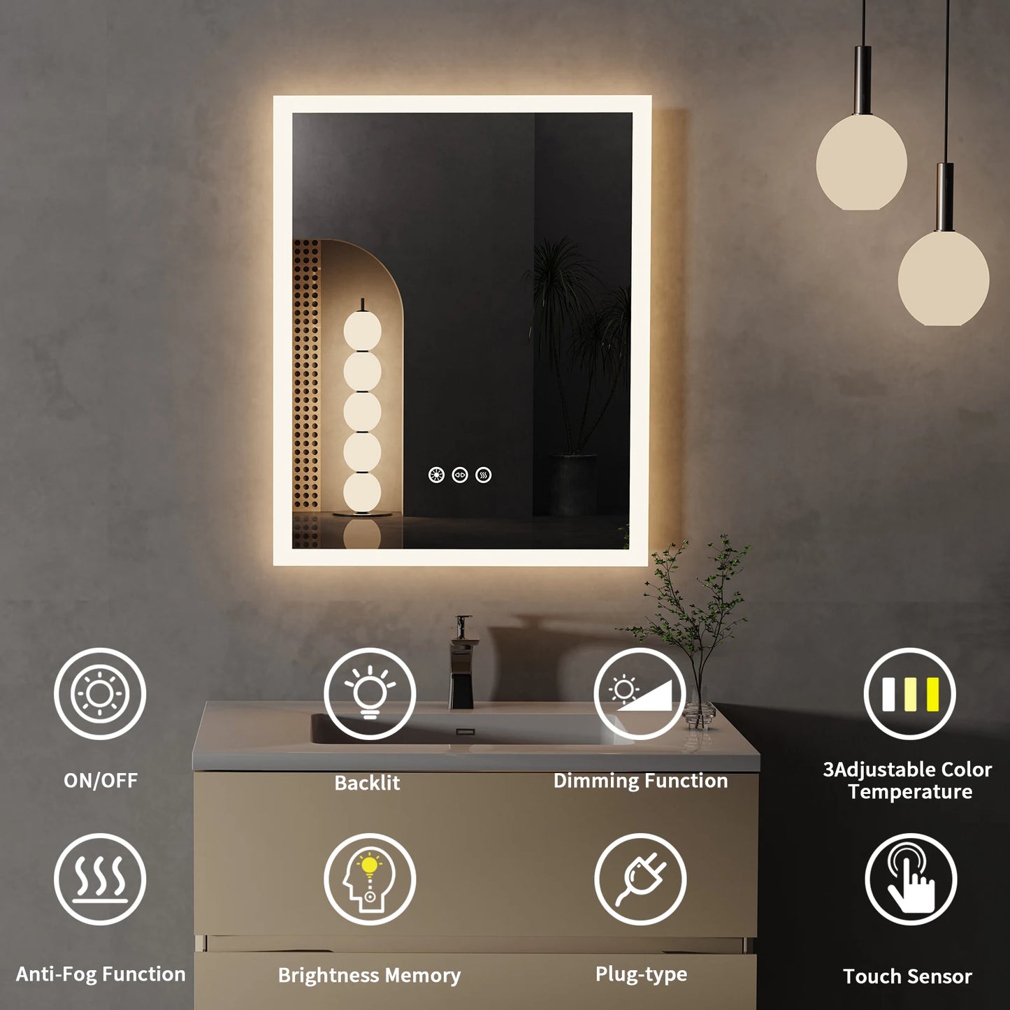 LED Bathroom Mirror with Anti-Fog, Smart Touch Button, Memory Function - Homevalley.co.uk