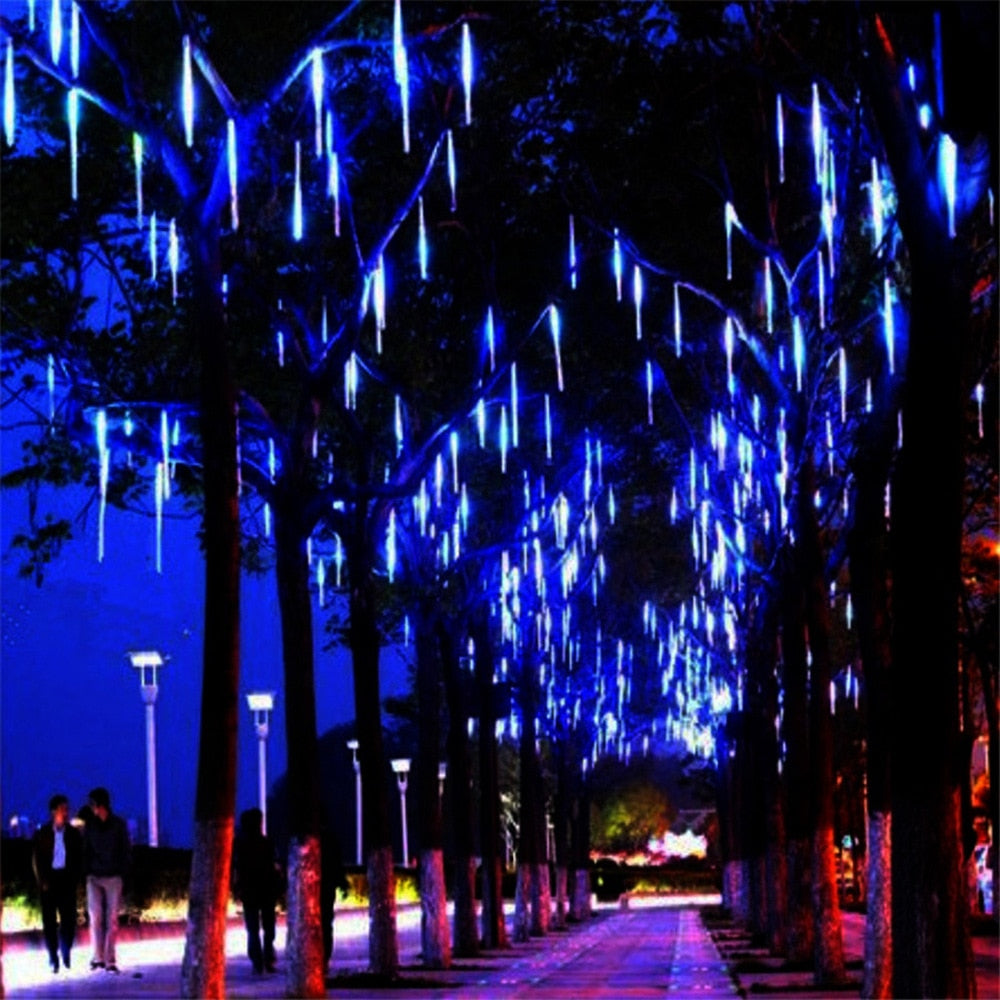 LED Meteor Shower Rain Lights Waterproof Falling Raindrop Fairy String Christmas Holiday Party Patio Decor 30CM - Homevalley.co.uk