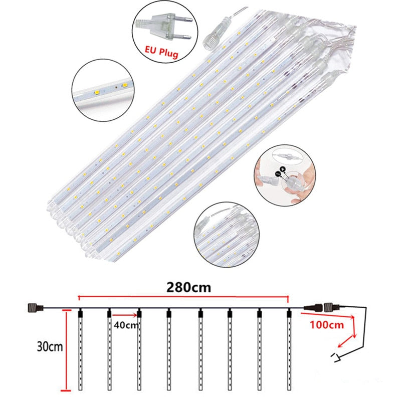 LED Meteor Shower Rain Lights Waterproof Falling Raindrop Fairy String Christmas Holiday Party Patio Decor 30CM - Homevalley.co.uk