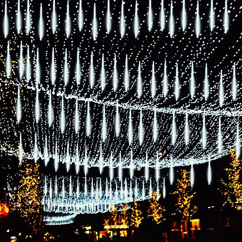 LED Meteor Shower Rain Lights Waterproof Falling Raindrop Fairy String Christmas Holiday Party Patio Decor 30CM - Homevalley.co.uk